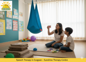 Autism and Social Communication Therapy

"A sensory-friendly room with swings and colorful visuals. A therapist is using PECS cards with a child. Sunshine Therapy Centre logo at the top-left."