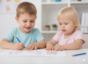 A bright, sensory-friendly therapy room designed for children. In the center, a female therapist with dark hair sits on a light-colored rug, interacting with a young child. The therapist is showing the child PECS (Picture Exchange Communication System) cards displayed on a small board. The child, wearing a light-colored top, is looking at the cards. Around them, the room features a large dark green sensory swing hanging from the ceiling, a pink bean bag chair, and shelves filled with toys and educational materials. The walls have colorful, abstract art. In the top-left corner, the "Sunshine" logo, depicting two smiling cartoon child faces under a sun, is clearly visible. At the bottom of the image, a text overlay reads: "Autism + Speech Development - Sunshine Therapy Centre."