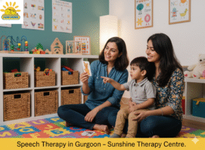 Parent and Child Together During Speech Therapy

"A warm, engaging therapy room showing a therapist working with a parent and child in a speech exercise. Educational tools, toys, and soft lighting are visible. Sunshine Therapy Centre logo in the corner."